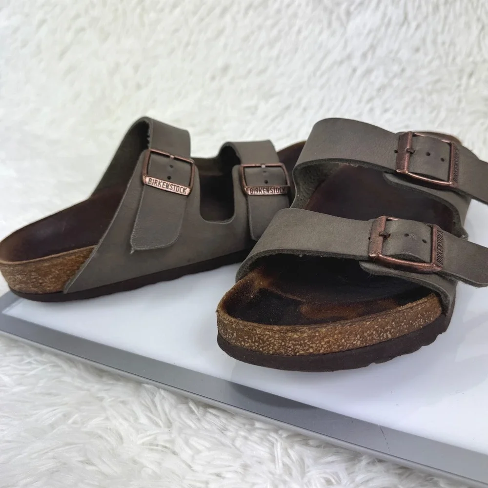 Birkenstock Arizona Olive Gray Copper Buckle Sandals EU 35